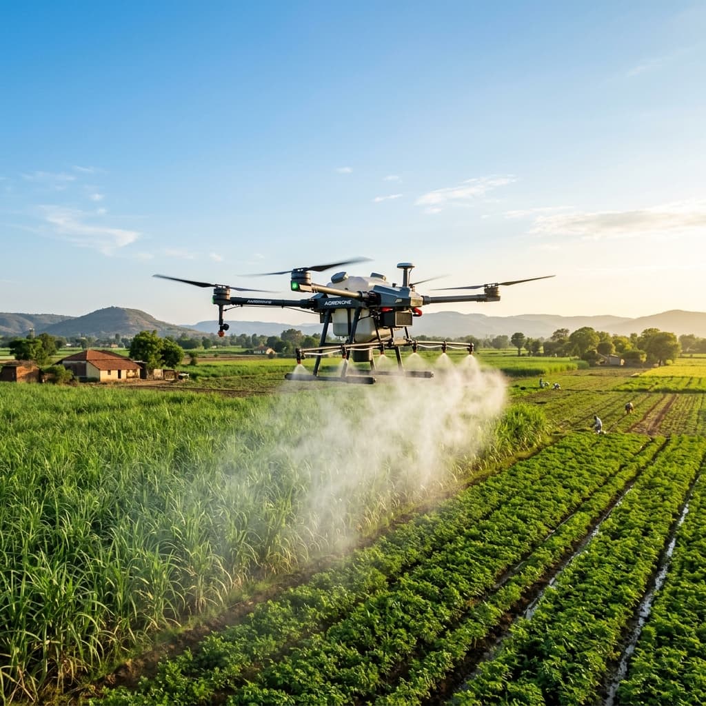 Photorealistic commercial spraying drone hovering and applying fine spray over green crop fields