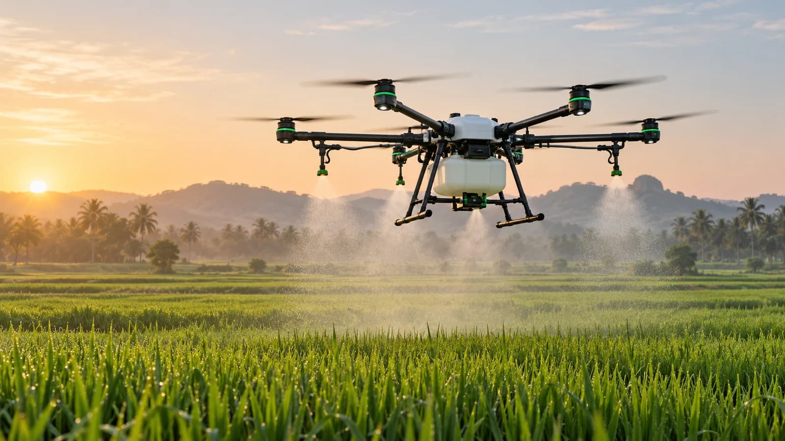 Agricultural drone spraying over green paddy fields at sunrise