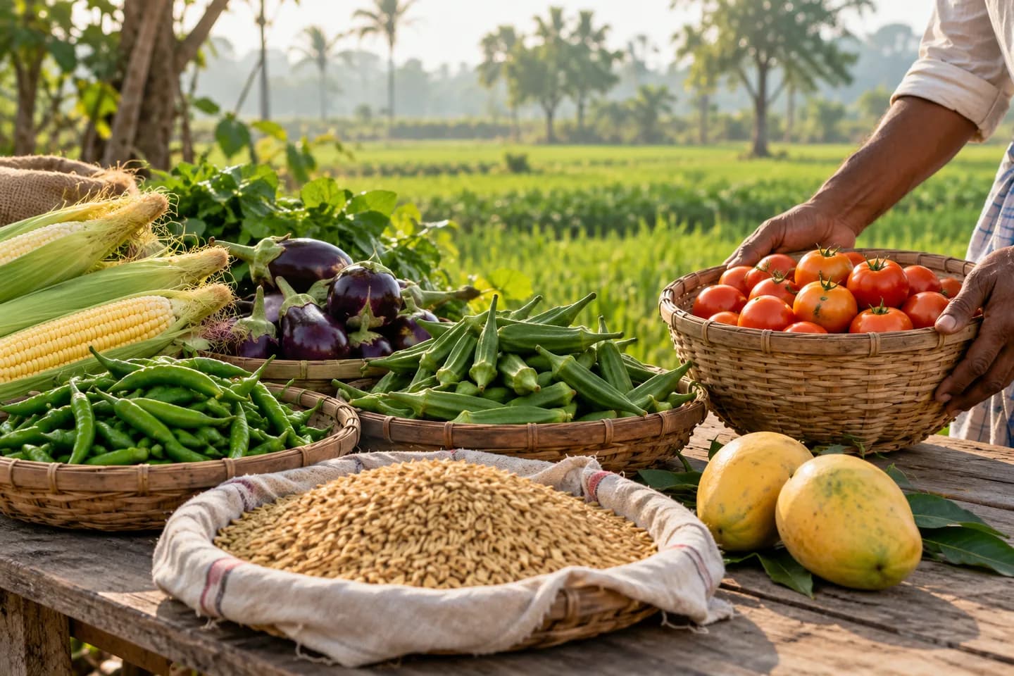 A basket of fresh vegetables, mangoes and grains at an Indian farm